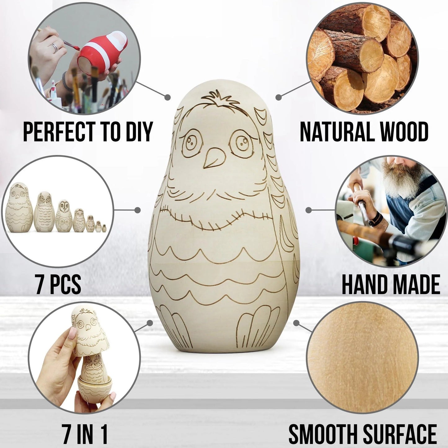 Unpainted Owl Nesting Dolls