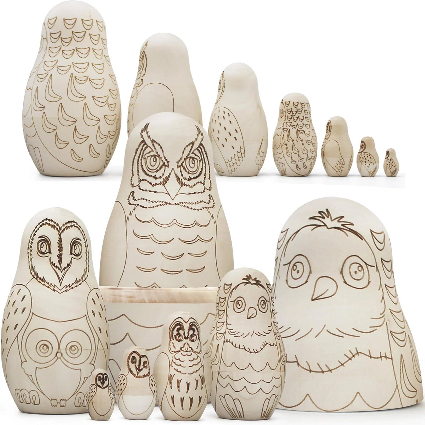 Unpainted Owl Nesting Dolls
